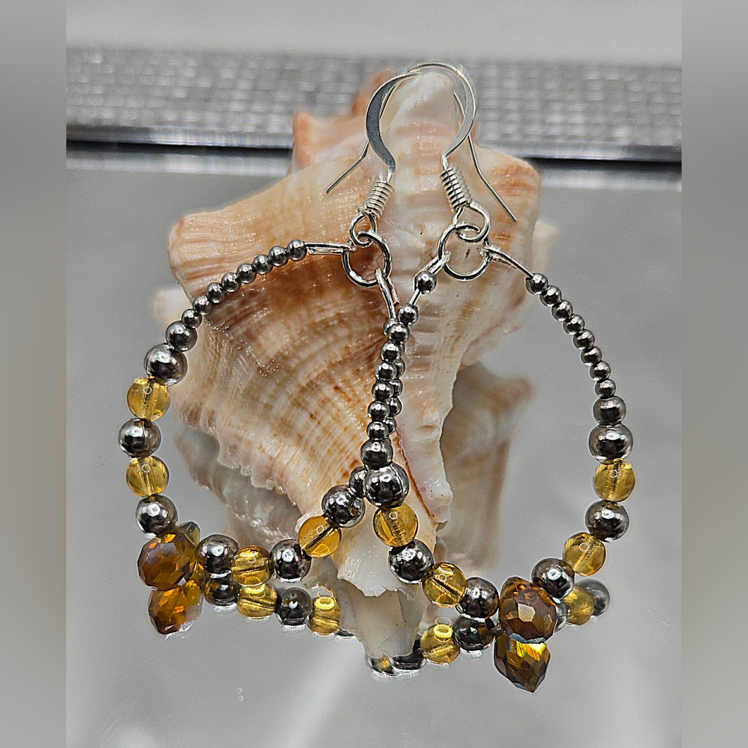 Elgant Handmade Stainless Steel Amber Glass Beaded Hoop Earrings 14$